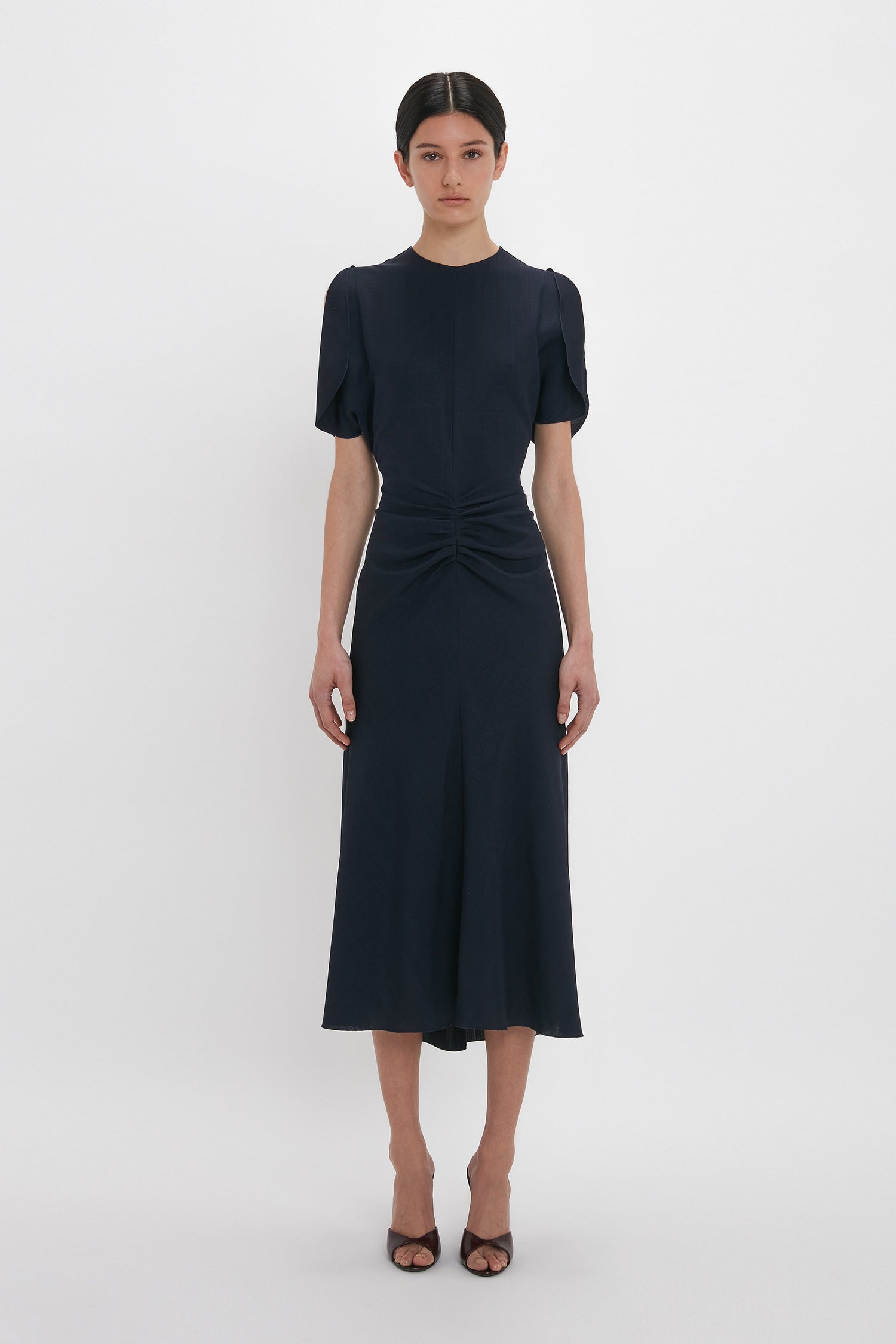 Gathered Waist Midi Dress In Midnight – Victoria Beckham Inc