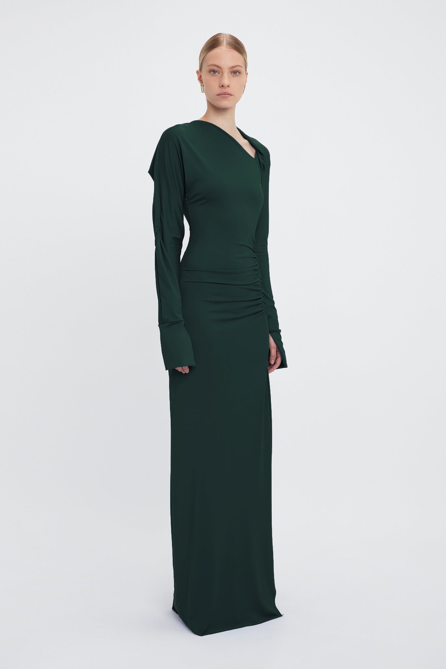 Long Sleeve Slash-Neck Jersey Floor-Length Gown In Seaweed