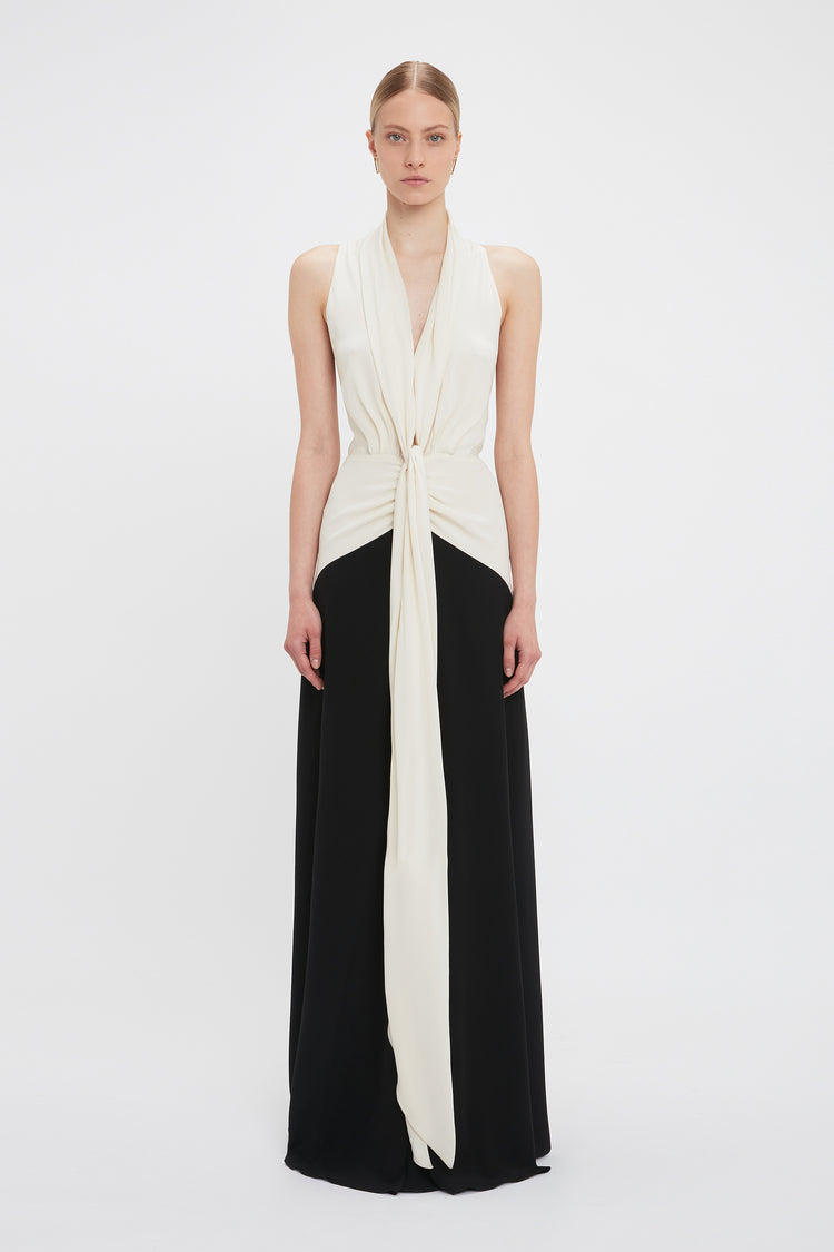 Exclusive Sleeveless Tie Detail Gown In Ivory-Black