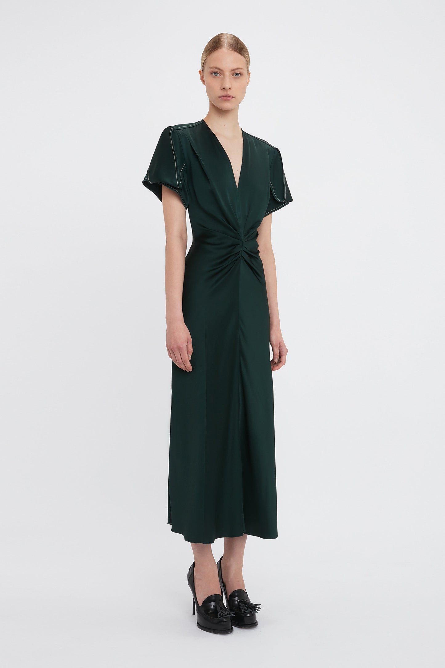 Gathered V-Neck Midi Dress In Seaweed