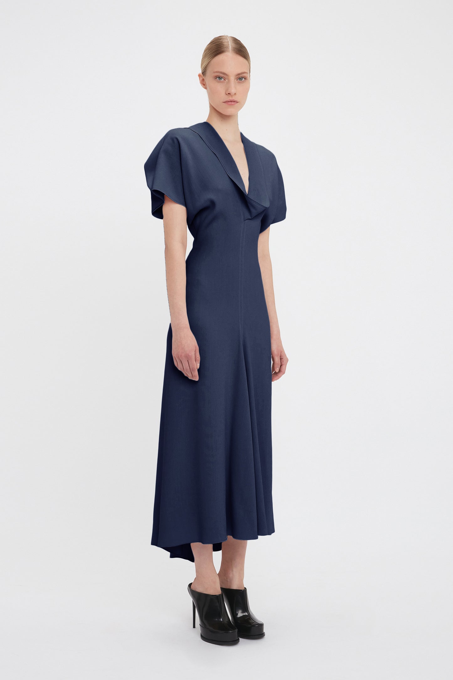 Exclusive Drape Sleeve V-Neck Midi In Ink Blue