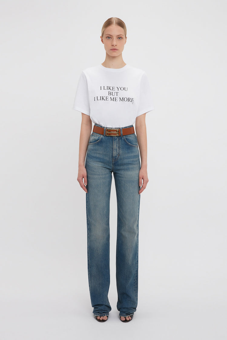 'I Like You But I Like Me More' Slogan T-Shirt In White