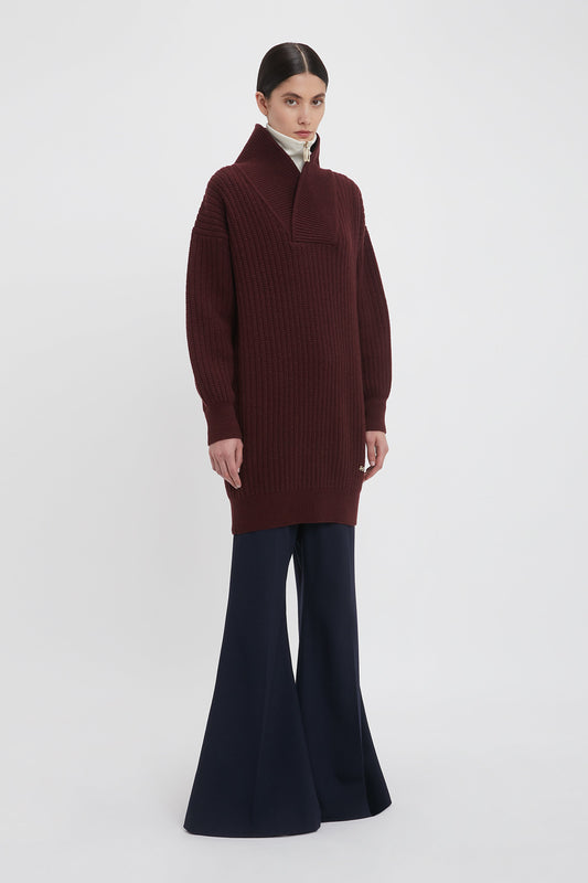 Shawl Neck Knitted Jumper Dress In Port