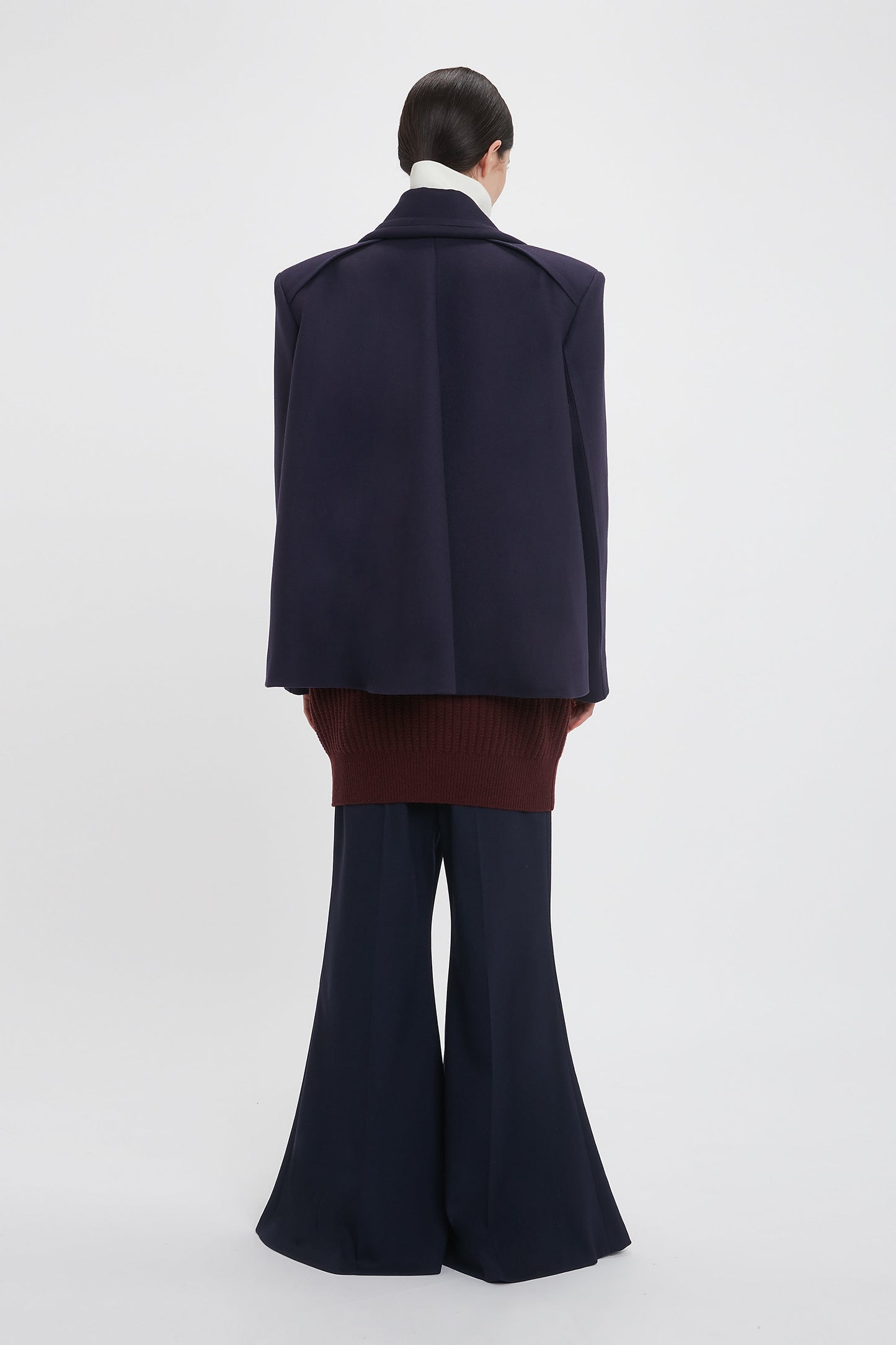 Pointed Shoulder Pea Coat In Ink Blue