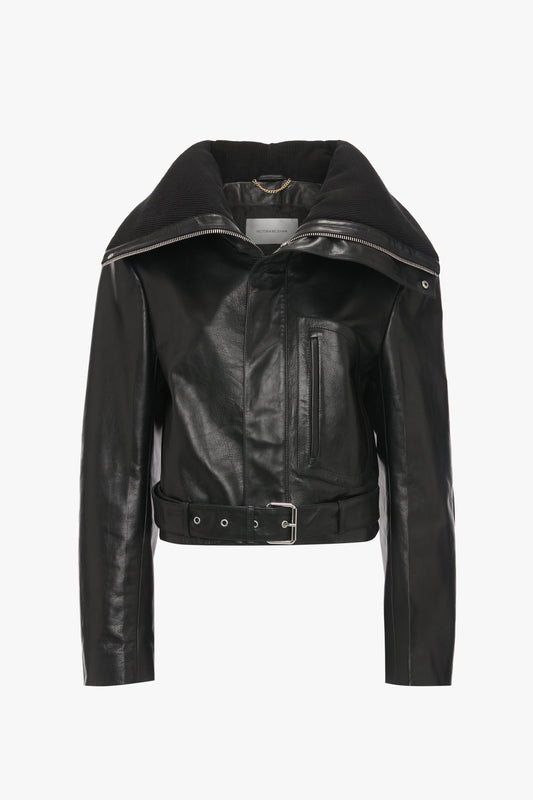 Cropped Belted Leather Biker Jacket In Black