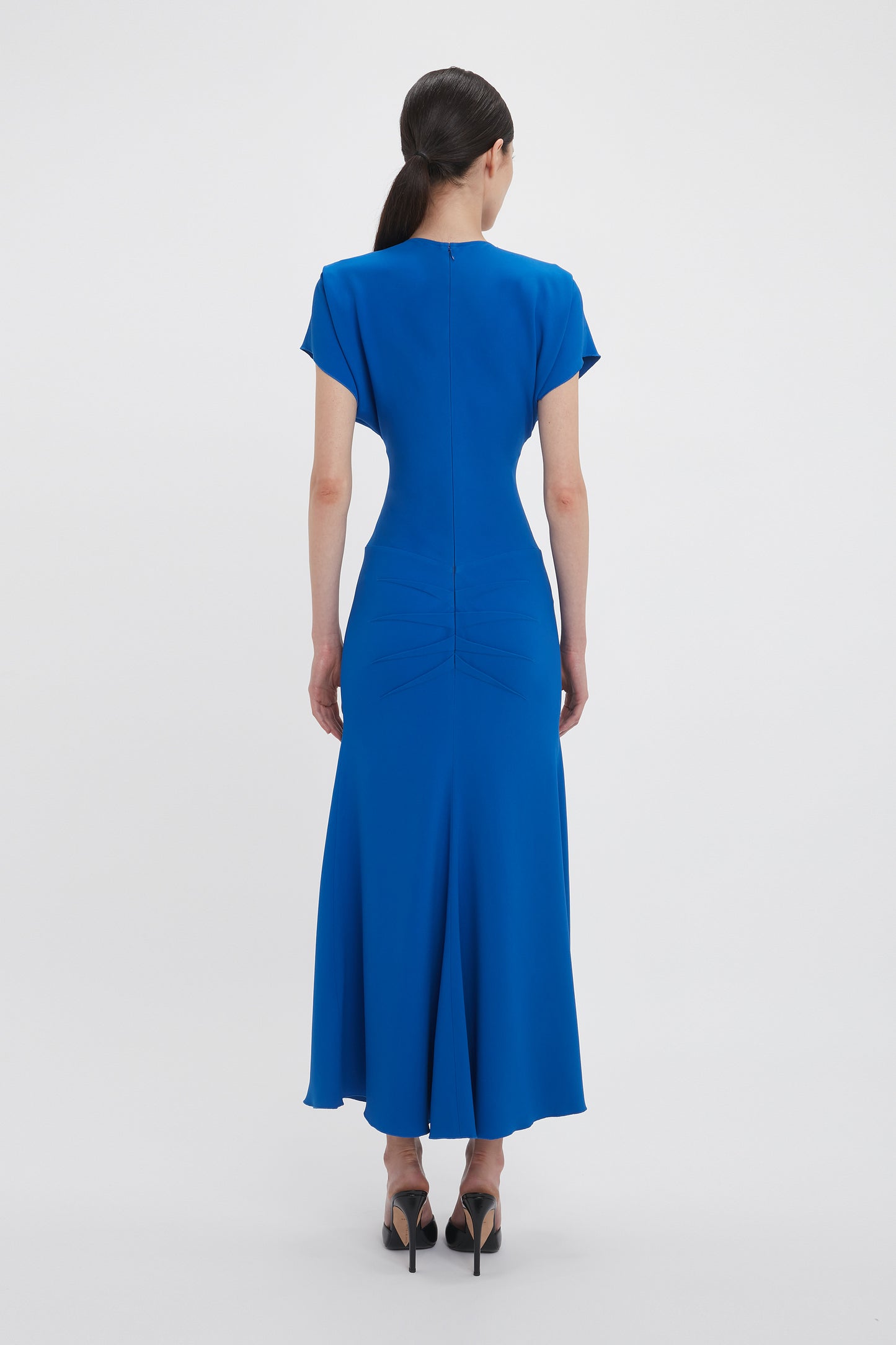 Exclusive Drape Sleeve Gathered Waist Midi In Bright Blue