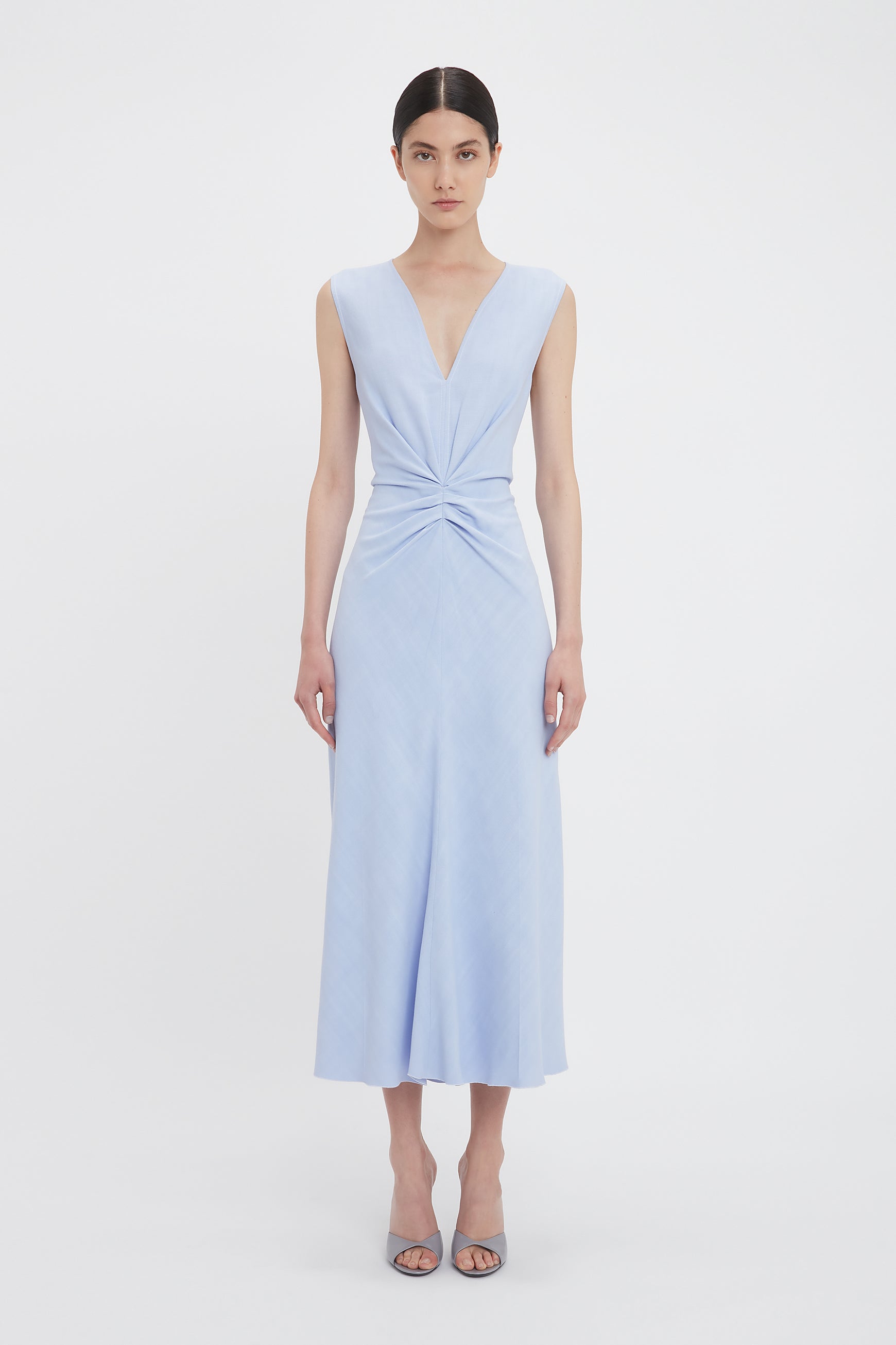 Exclusive Sleeveless Gathered Waist Midi Dress In Frost