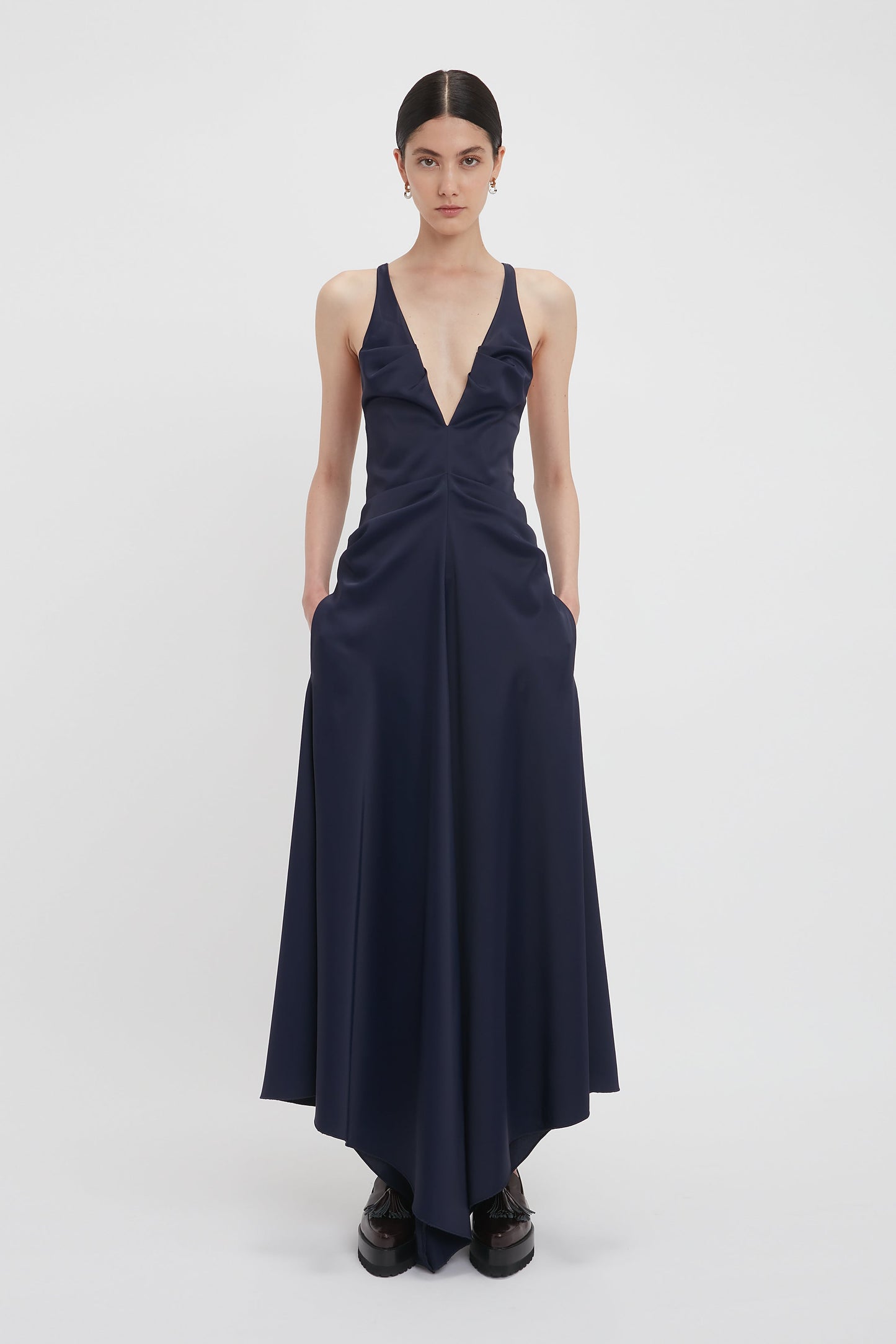 Gathered Racer Back Dress In Ink Blue Victoria Beckham Inc