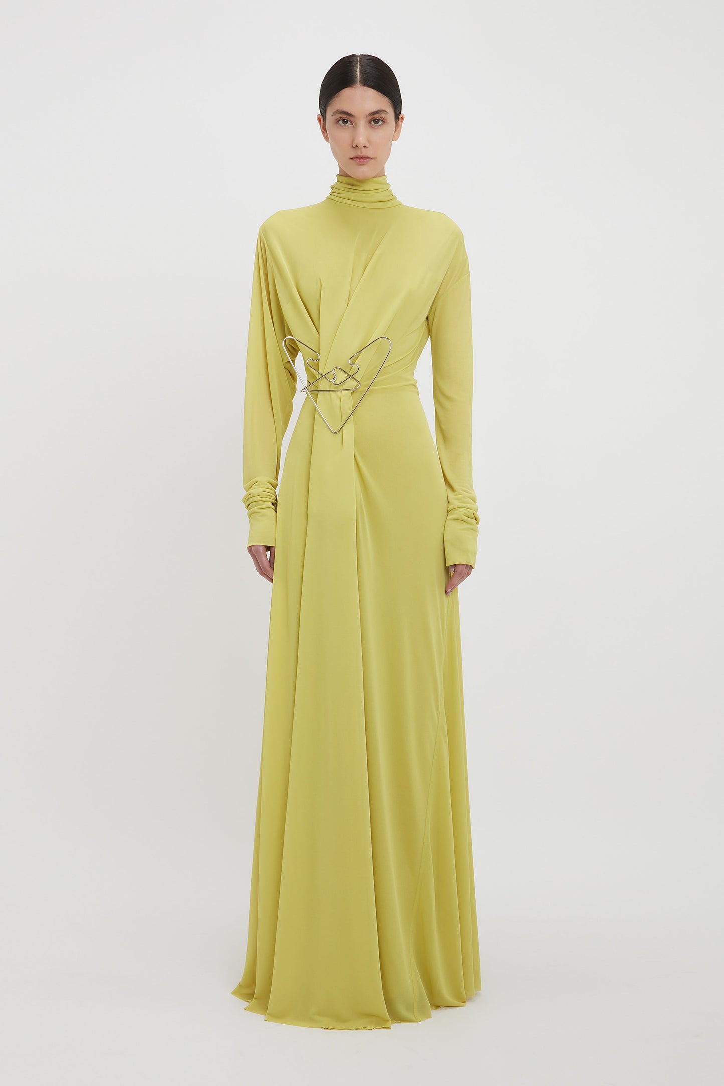 Long Sleeve Draped Jersey Floor-Length Gown In Citrus