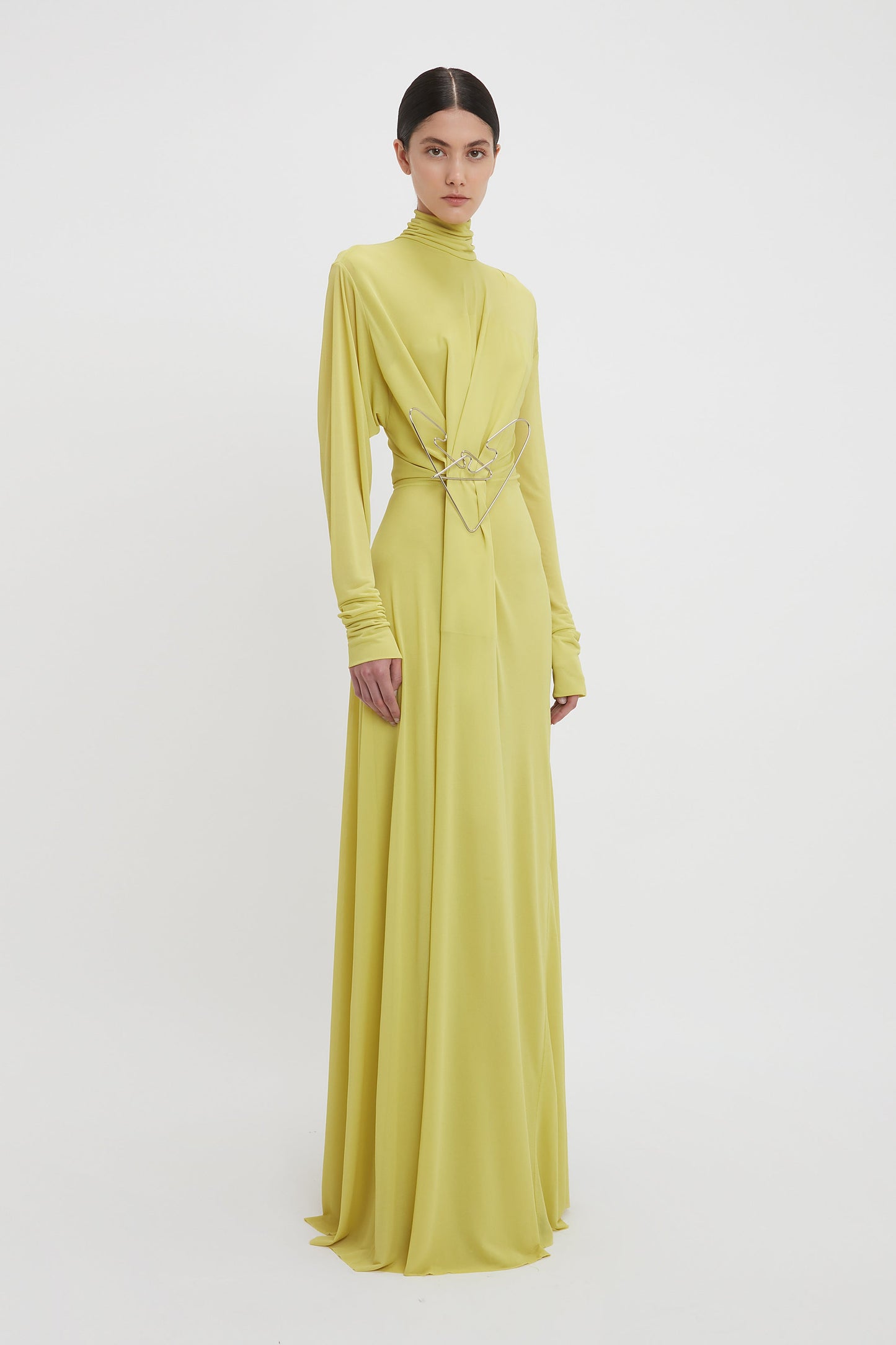 Long Sleeve Draped Jersey Floor-Length Gown In Citrus