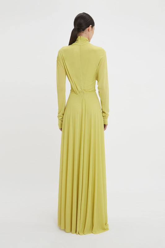 Long Sleeve Draped Jersey Floor-Length Gown In Citrus