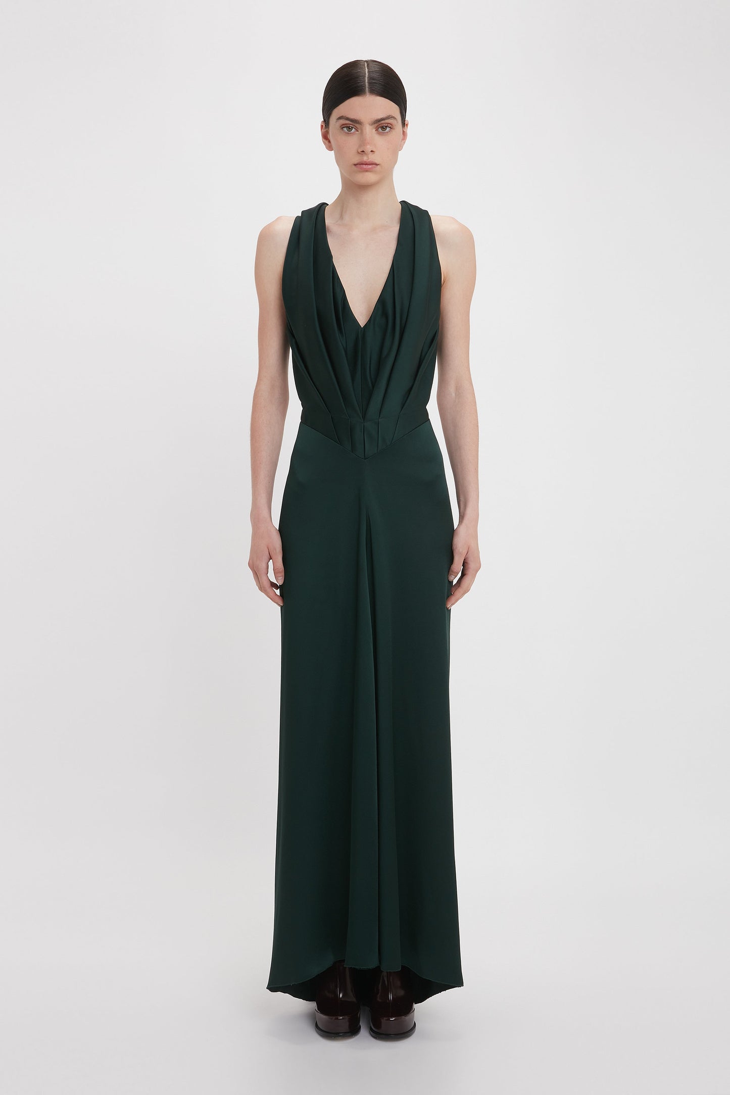 V-Neck Gathered Floor-Length Dress In Seaweed