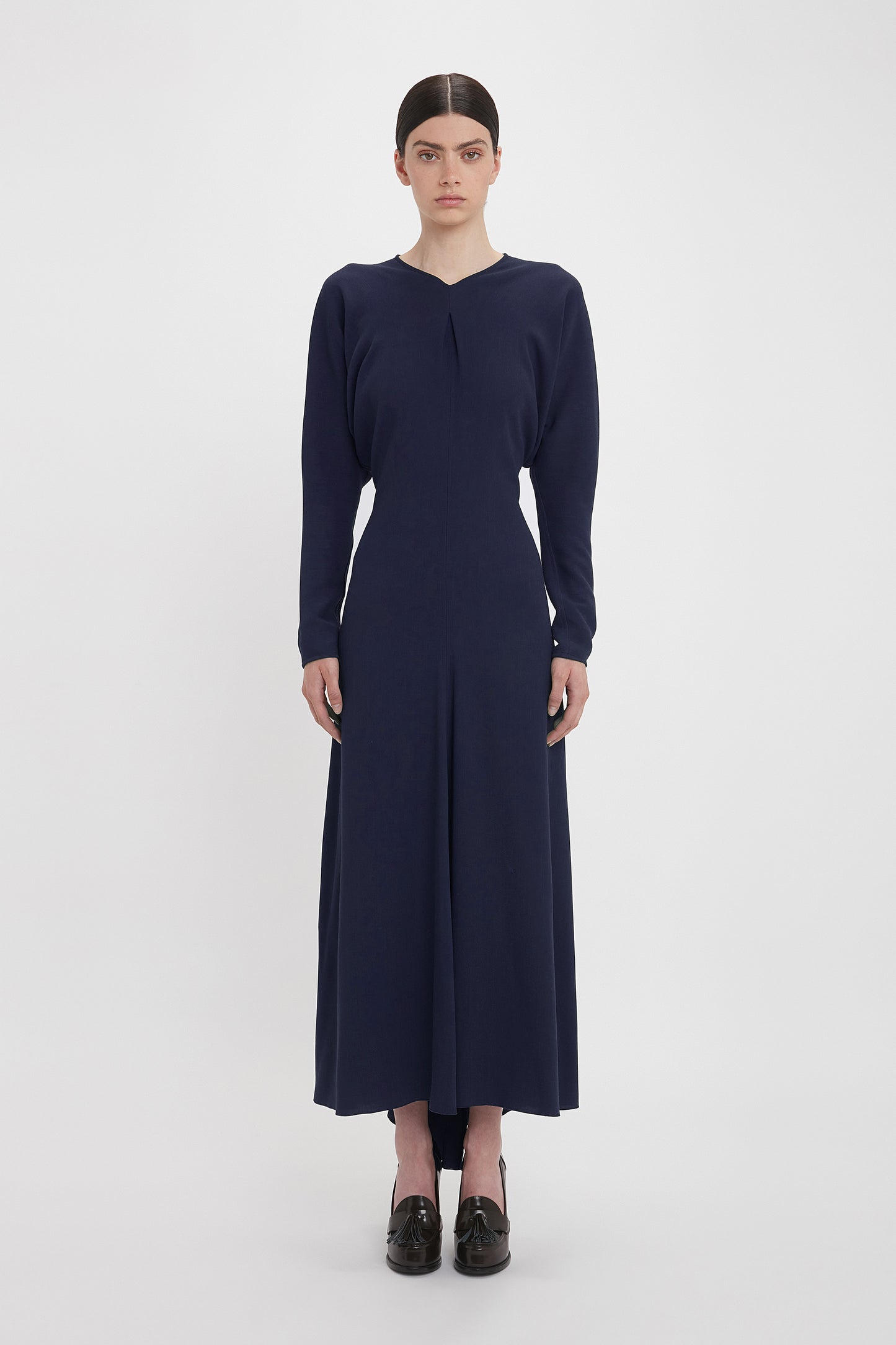 Exclusive Long Sleeve Draped Midi Dress In Ink Blue