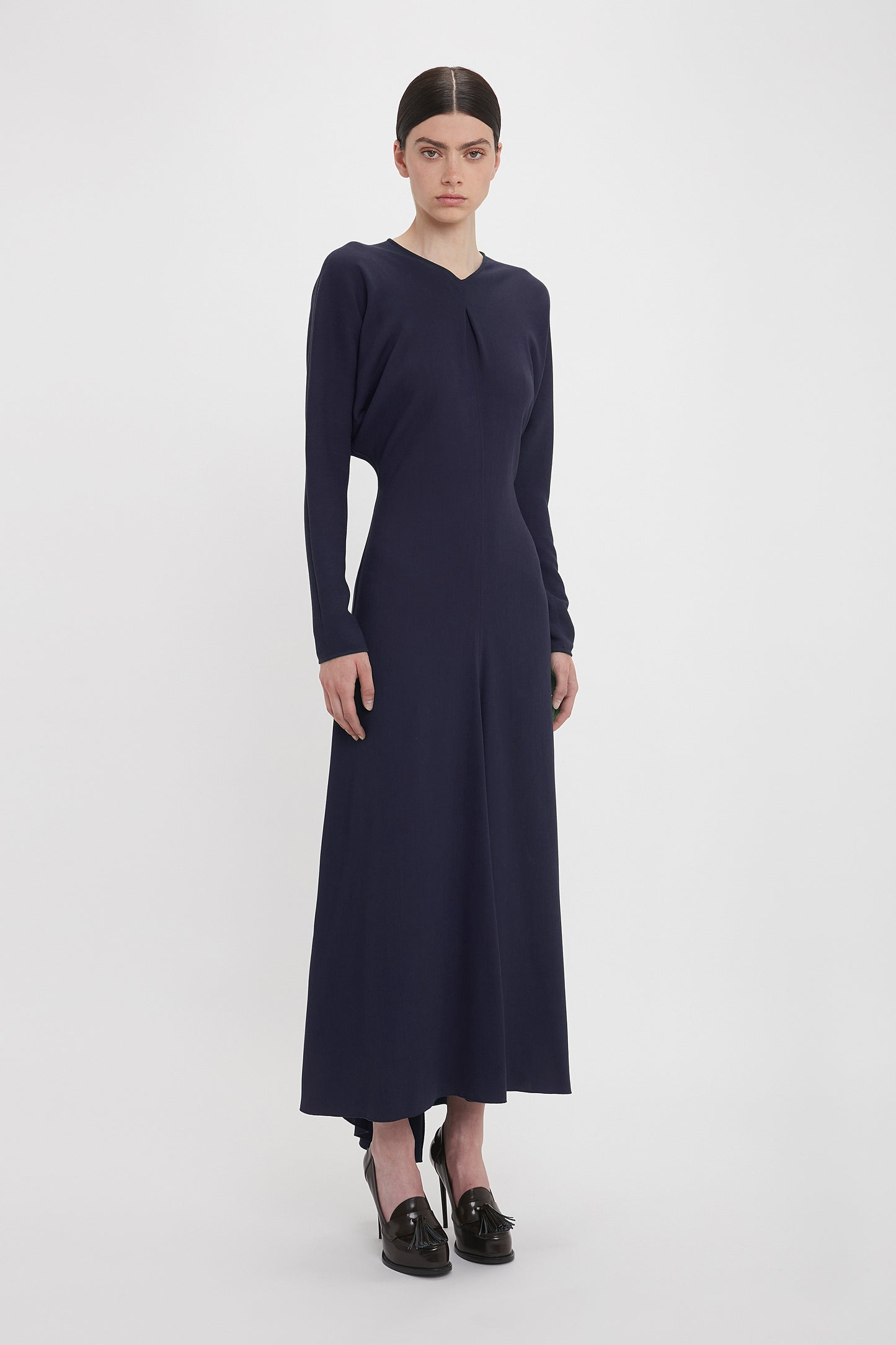 Exclusive Long Sleeve Draped Midi Dress In Ink Blue – Victoria Beckham US