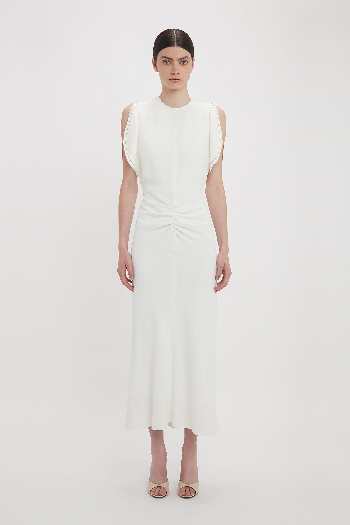 Gathered Waist Midi Dress In Ivory