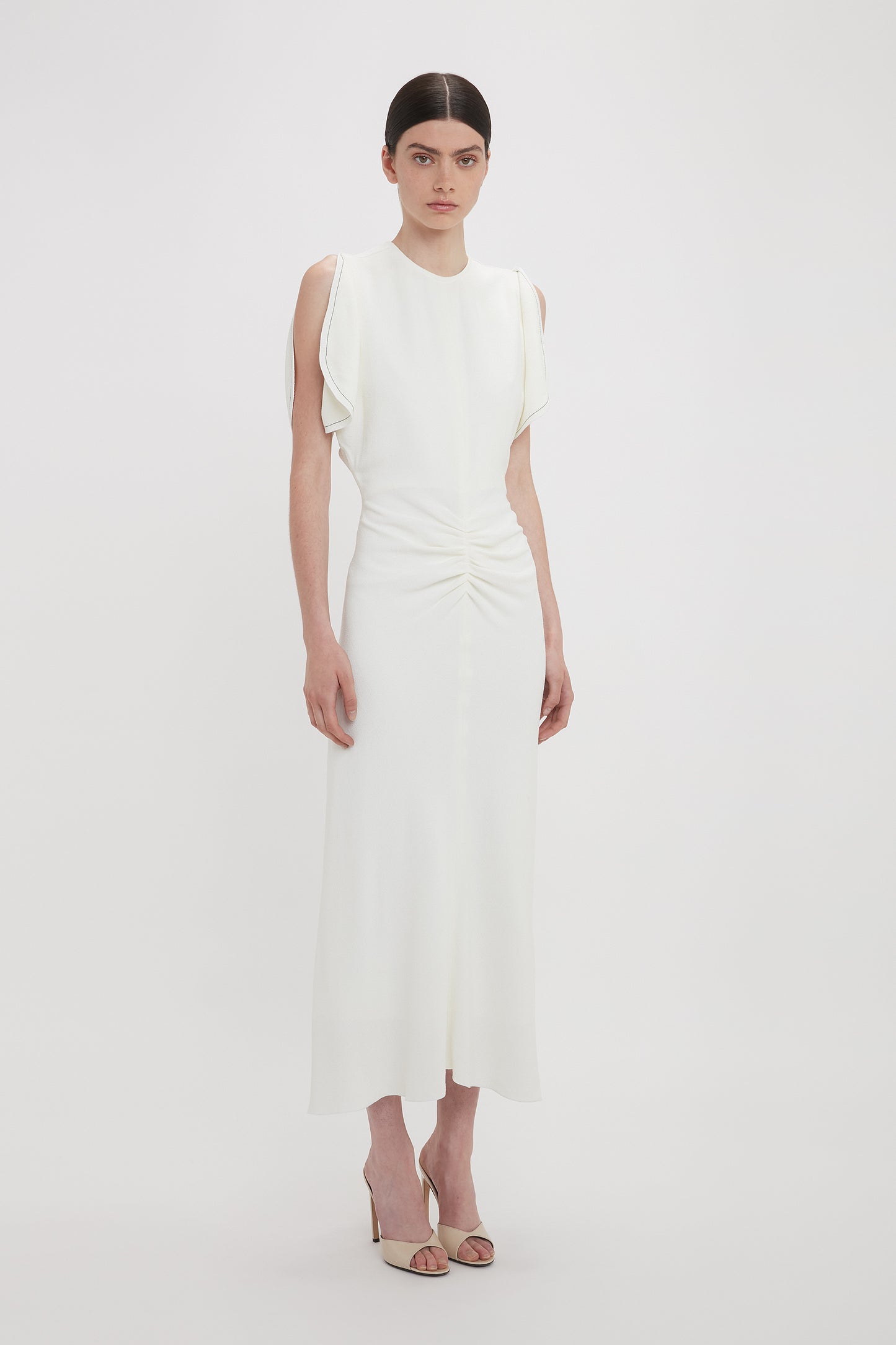 Gathered Waist Midi Dress In Ivory