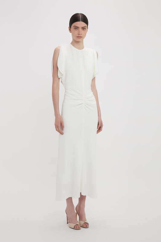 Exclusive Gathered Waist Midi Dress In Ivory