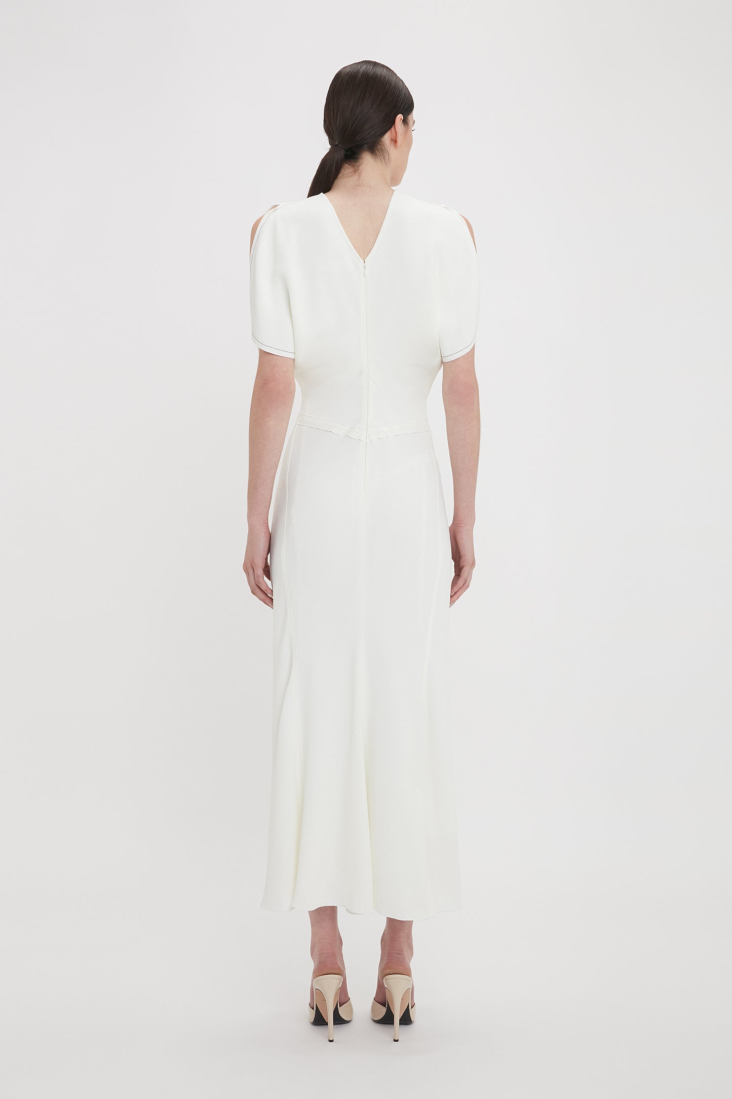 Gathered Waist Midi Dress In Ivory