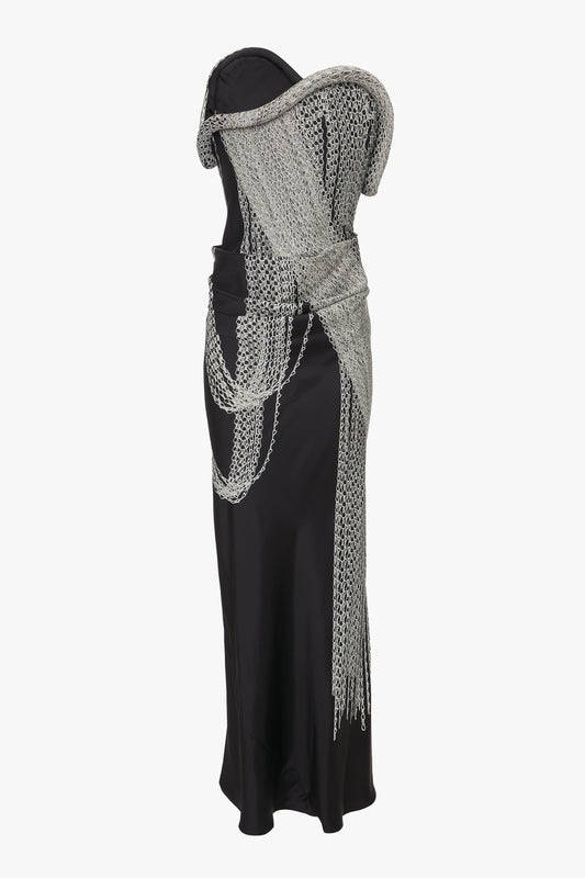 Asymmetric Corset Detail Gown In Black Chain Print