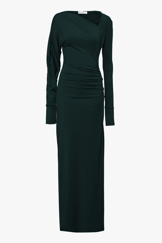 Long Sleeve Slash-Neck Jersey Floor-Length Gown In Seaweed