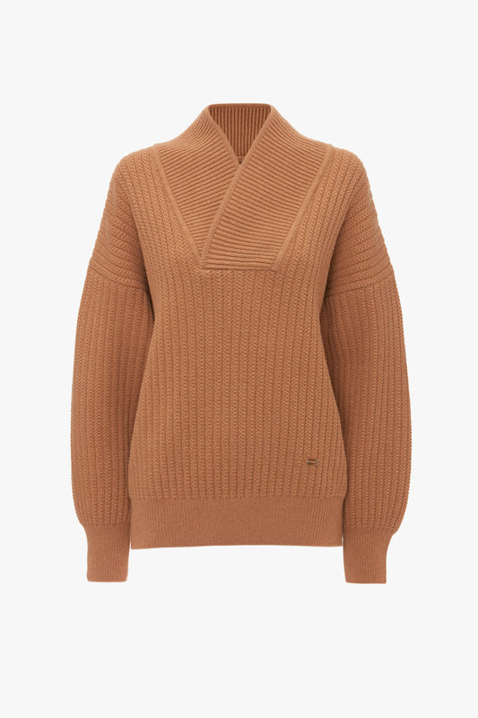 Shawl Neck Knitted Jumper In Camel