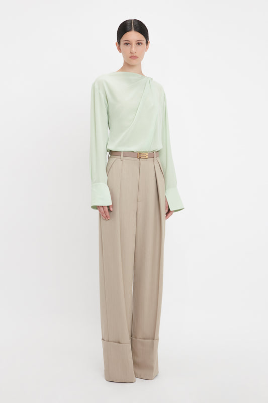 Wide Leg Turn-Up Trouser In Almond