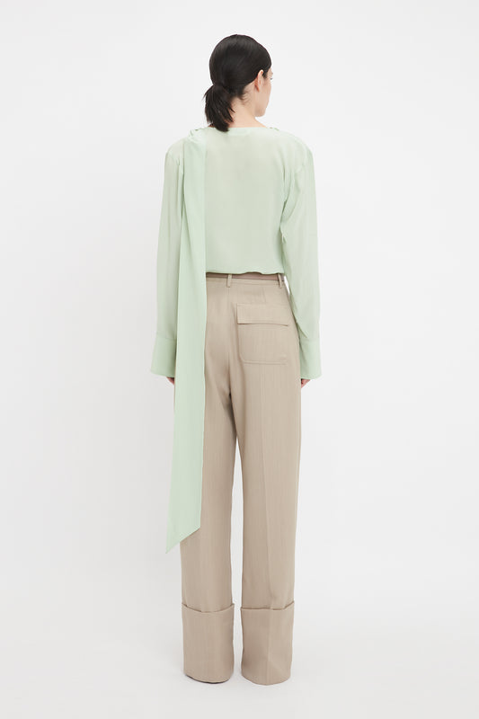 Wide Leg Turn-Up Trouser In Almond