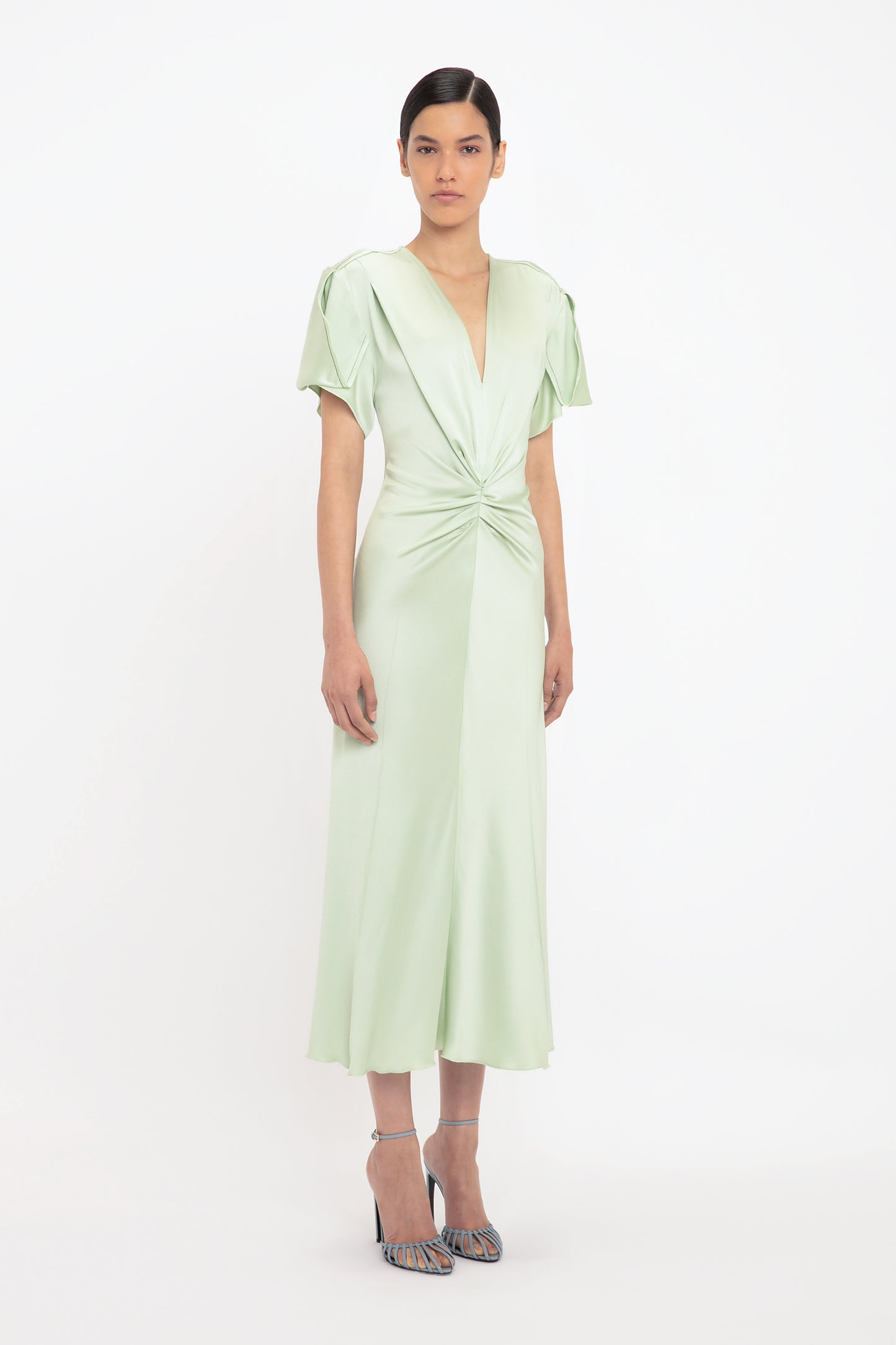 Gathered V-Neck Midi Dress In Jade