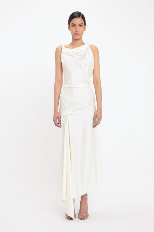 Asymmetric Draped Midi Dress In Ivory