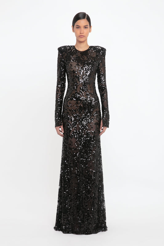 Long Sleeve Backless Sequin Gown In Black