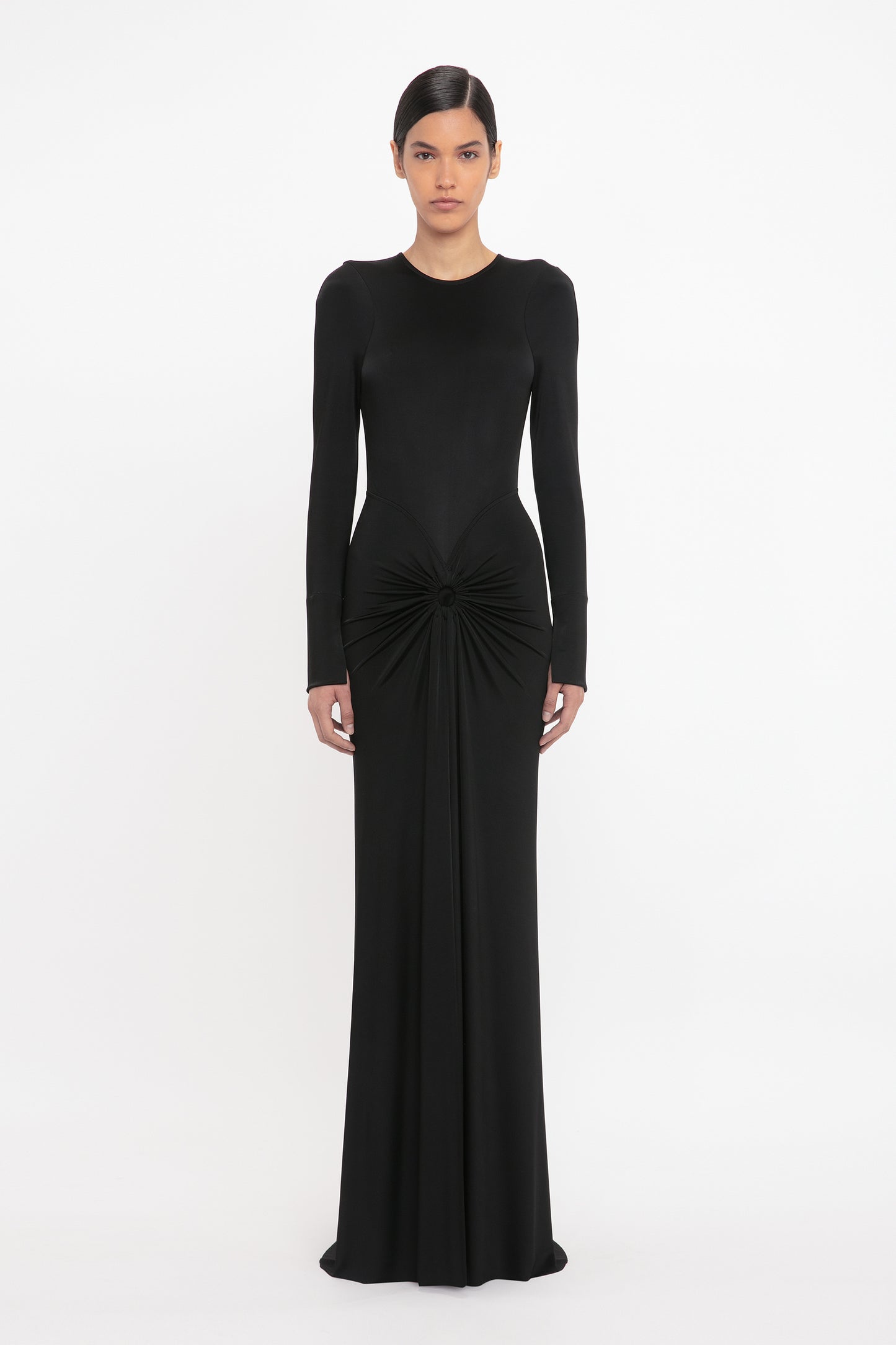 Long Sleeve Gathered Floor-Length Dress In Black