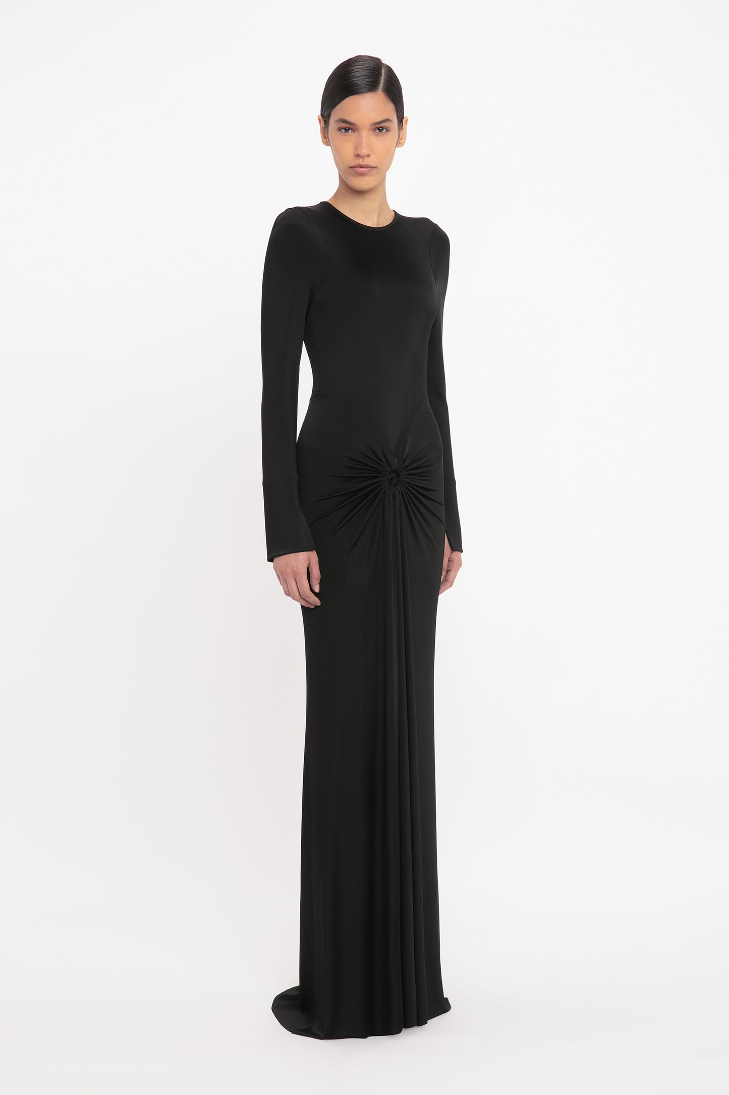 Long Sleeve Gathered Floor-Length Dress In Black