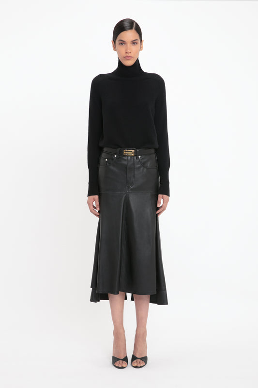 Panelled Flare Skirt In Soft Black Leather