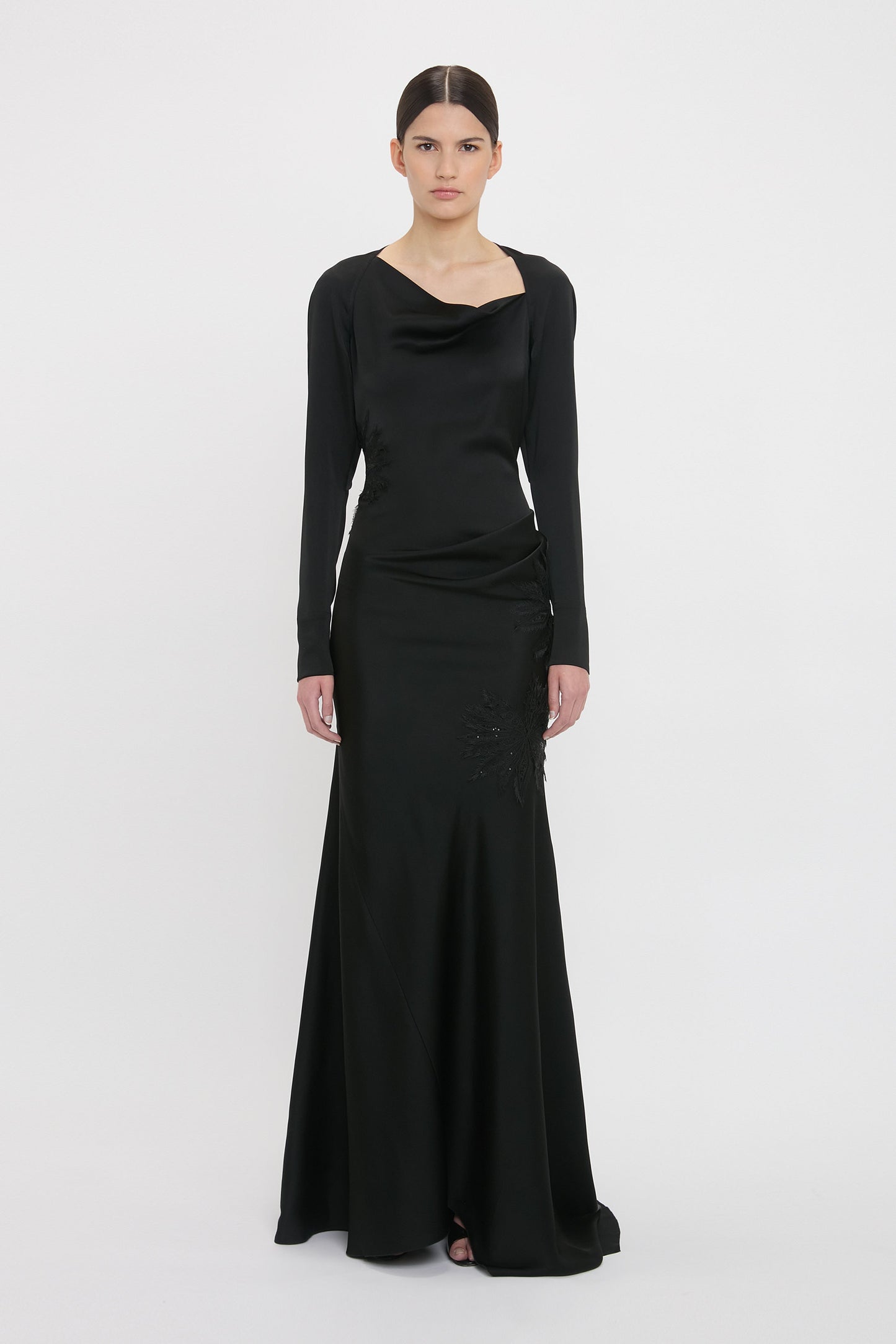 Long Sleeve Lace Applique Floor-Length Gown In Black