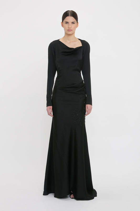 Long Sleeve Lace Applique Floor-Length Gown In Black