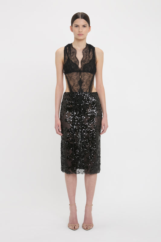 Sheer Sequin Pencil Skirt In Black