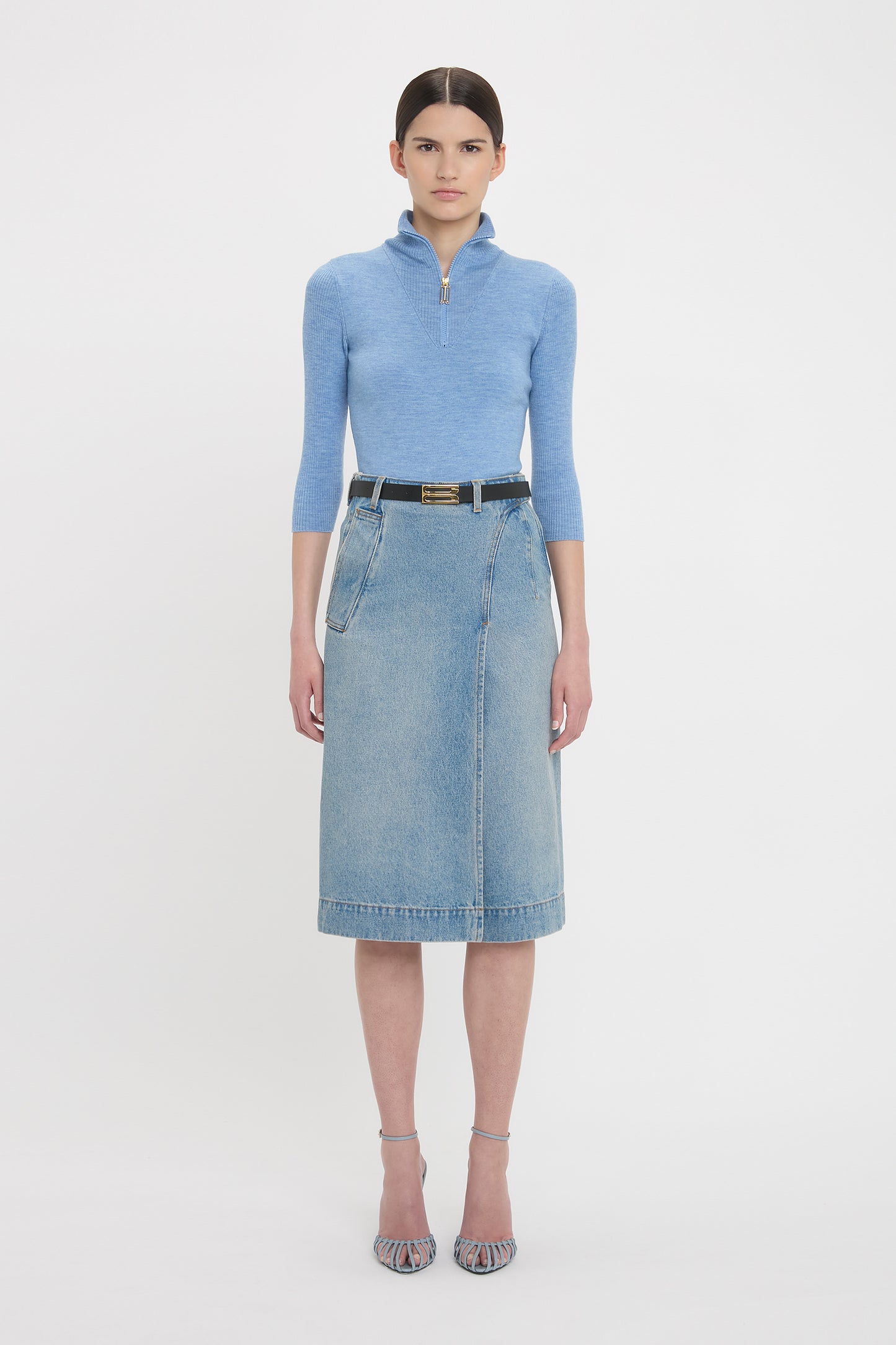 Denim Wrap Detail Skirt In Pale Blue Wash