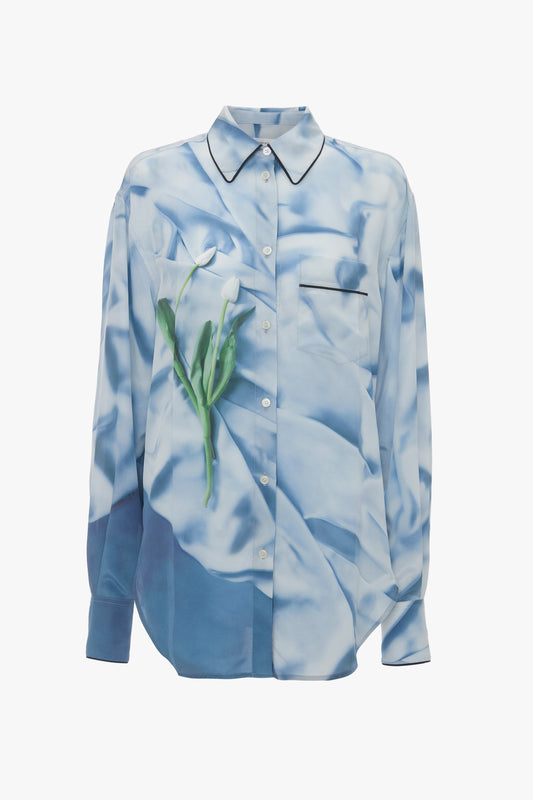 Piping Detail Pyjama Shirt In Ice Blue Satin Flowers