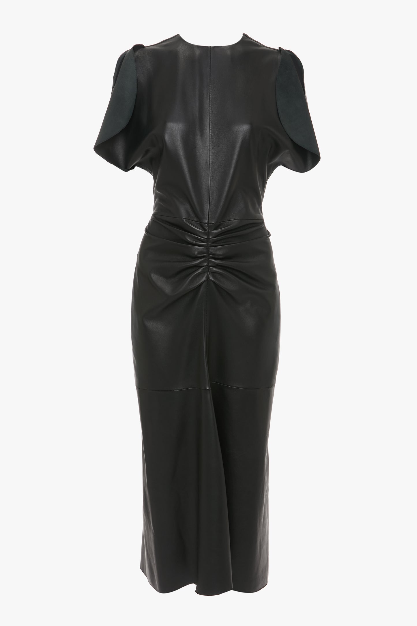 Gathered Waist Midi Dress In Soft Black Leather