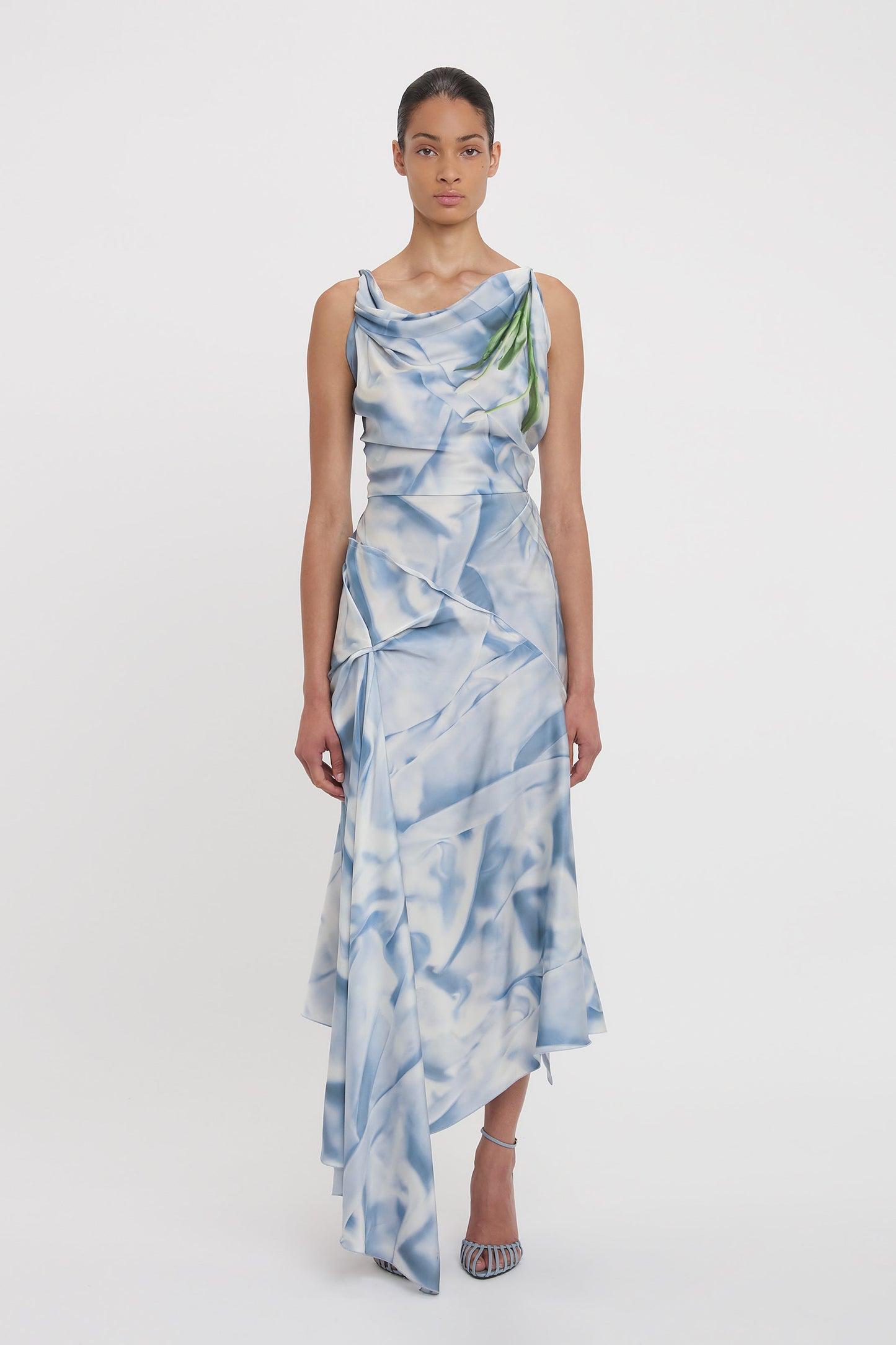 Asymmetric Draped Midi Dress In Ice Blue Satin Flowers