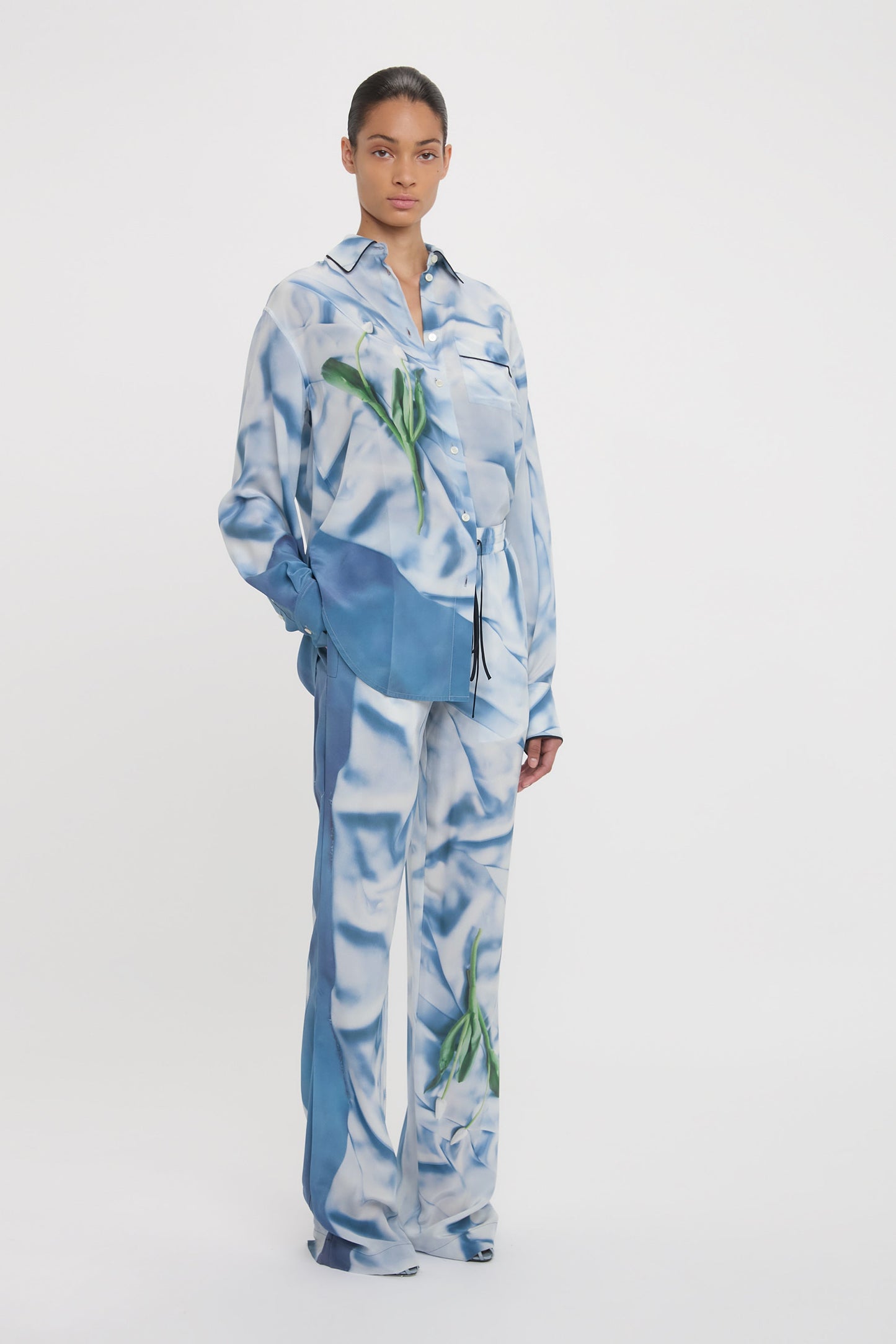 Pleat Detail Pyjama Trouser In Ice Blue Satin Flowers