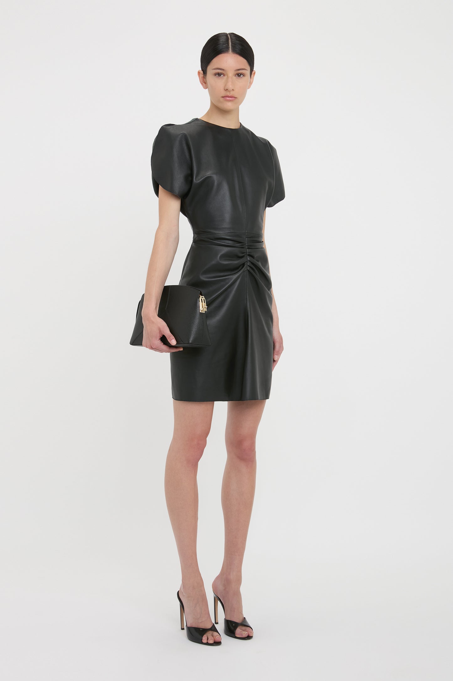 Gathered Waist Mini Dress In Soft Black Leather