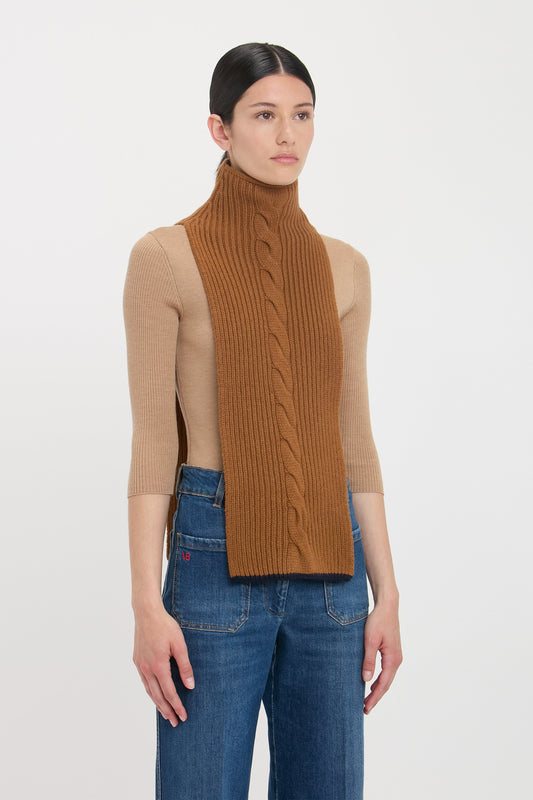 Knitted Polo Neck Scarf In Camel-Navy