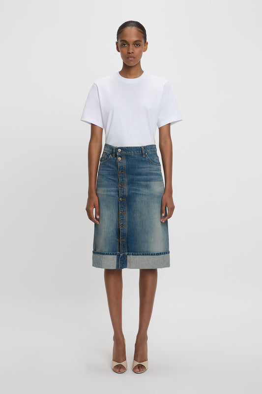 Placket Detail Denim Skirt In Heavy Vintage Indigo Wash