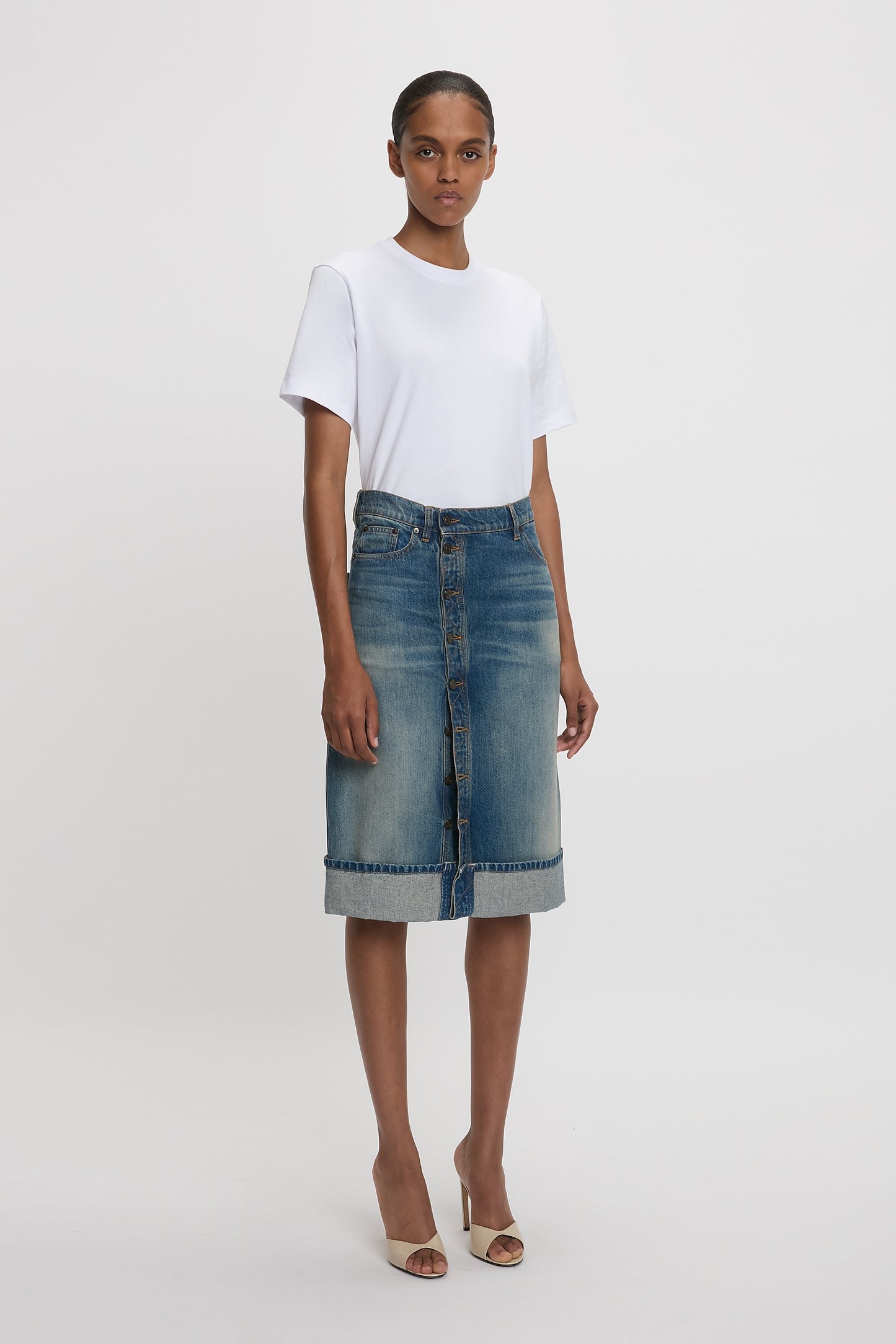 Placket Detail Denim Skirt In Heavy Vintage Indigo Wash