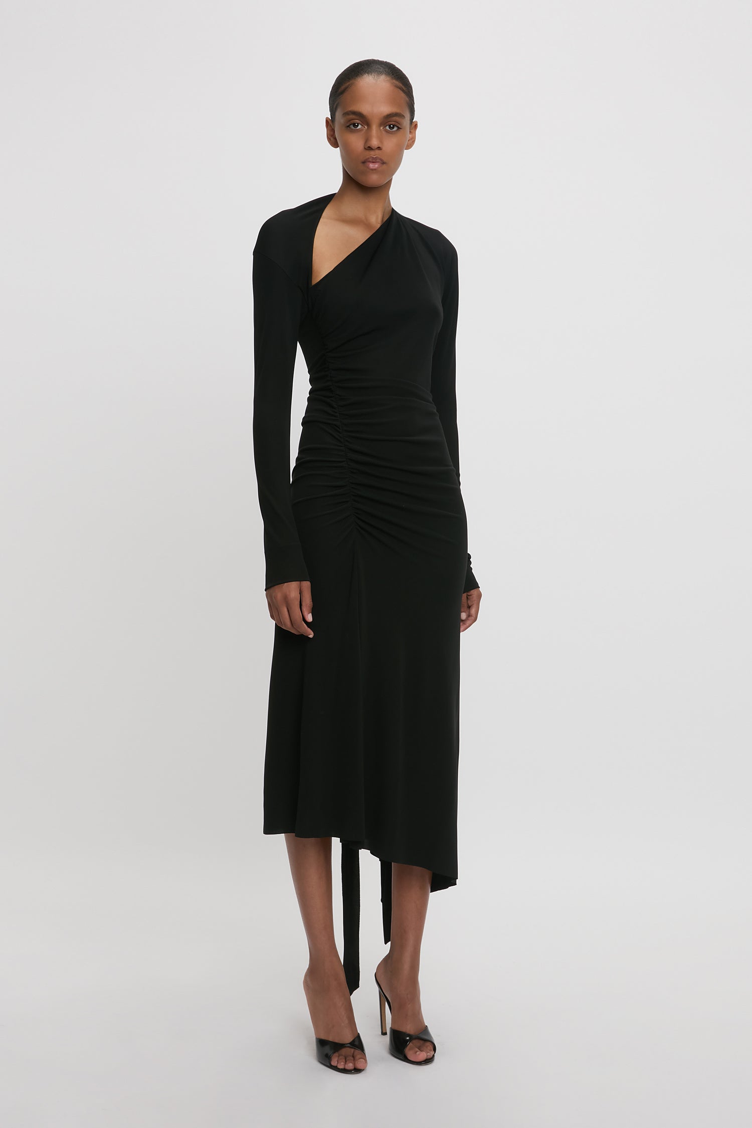 Slash-Neck Ruched Midi Dress In Black – Victoria Beckham US