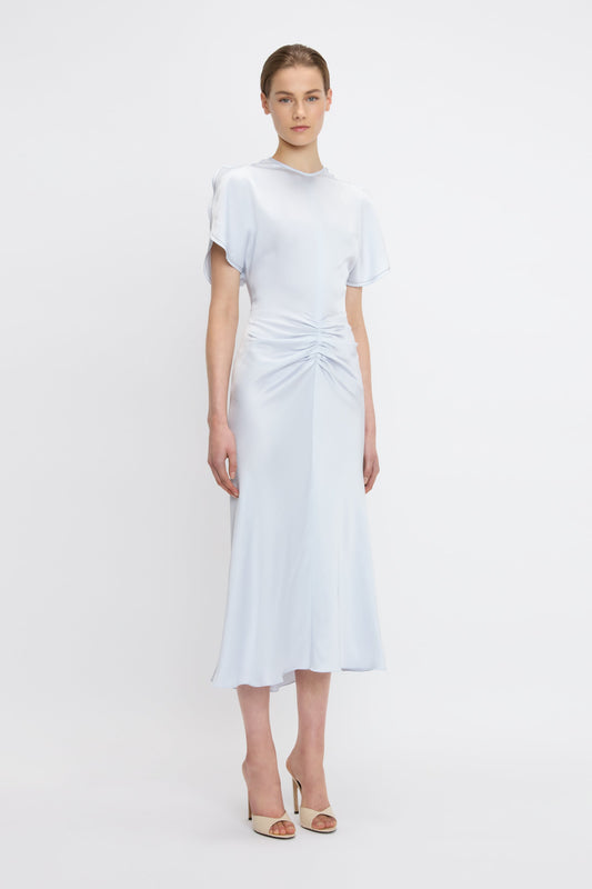 Gathered Waist Midi Dress In Ice | Designer Dresses
