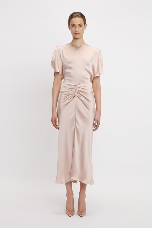 Gathered Waist Midi Dress In Blush-Apricot