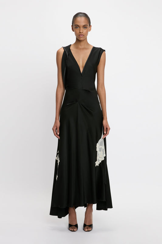 Draped Lace Detail Midi Dress In Black