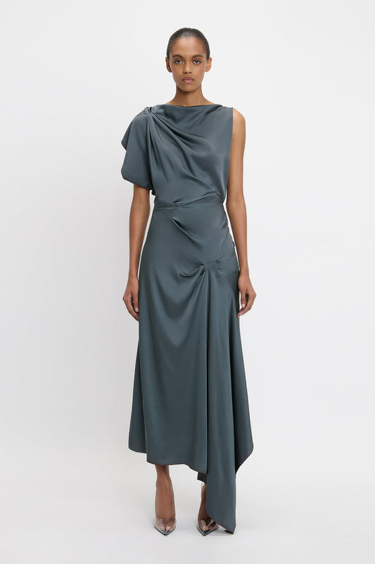 Asymmetric Draped Detail Midi Dress In Graphite